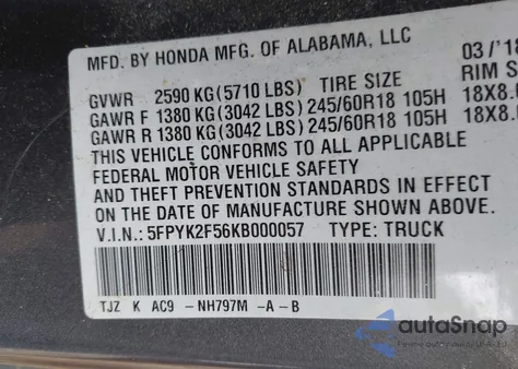 2019 Honda Ridgeline Rtl z USA, uszkodzony, nr VIN 5FPYK2F56KB000057